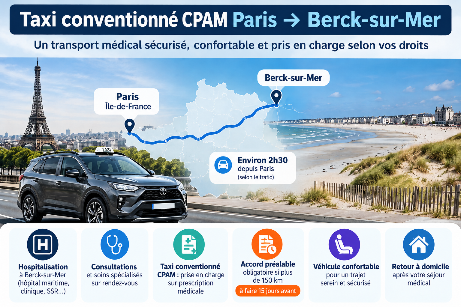 Taxi conventionné CPAM de Paris à Berck-sur-Mer avec prise en charge du transport médical