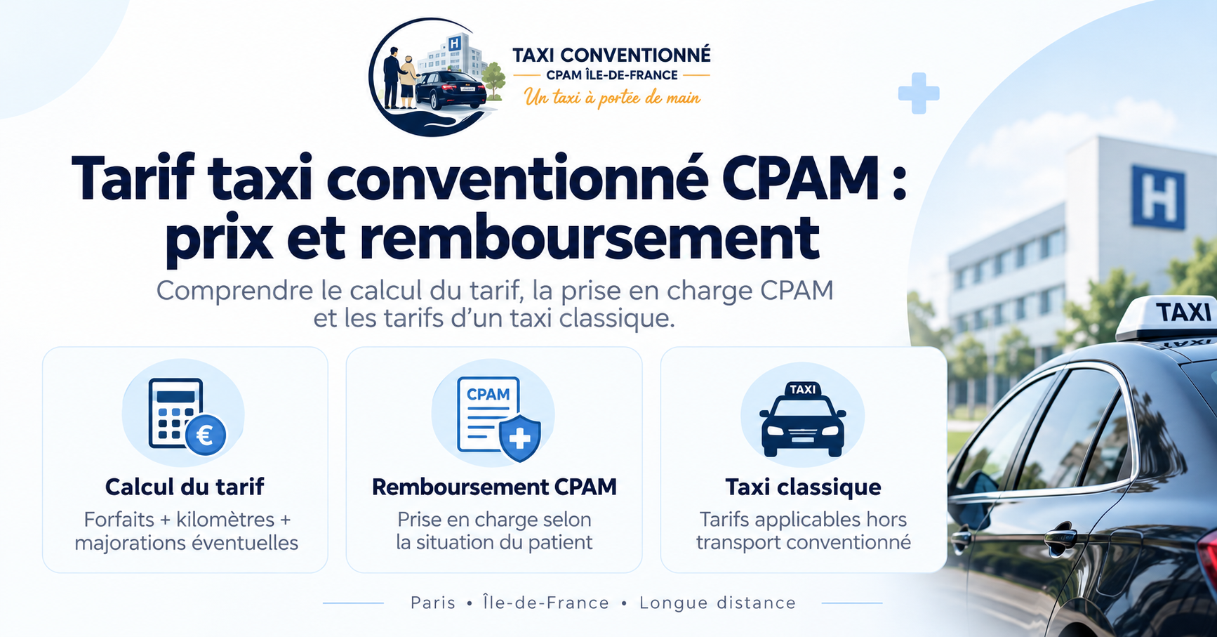 Infographie sur le tarif taxi conventionné CPAM en Île-de-France : calcul des prix, remboursements et tarifs des taxis classiques.